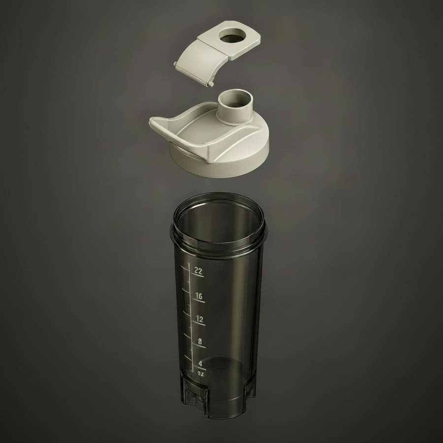 Black shaker cup with white lid and black cap on a gray background